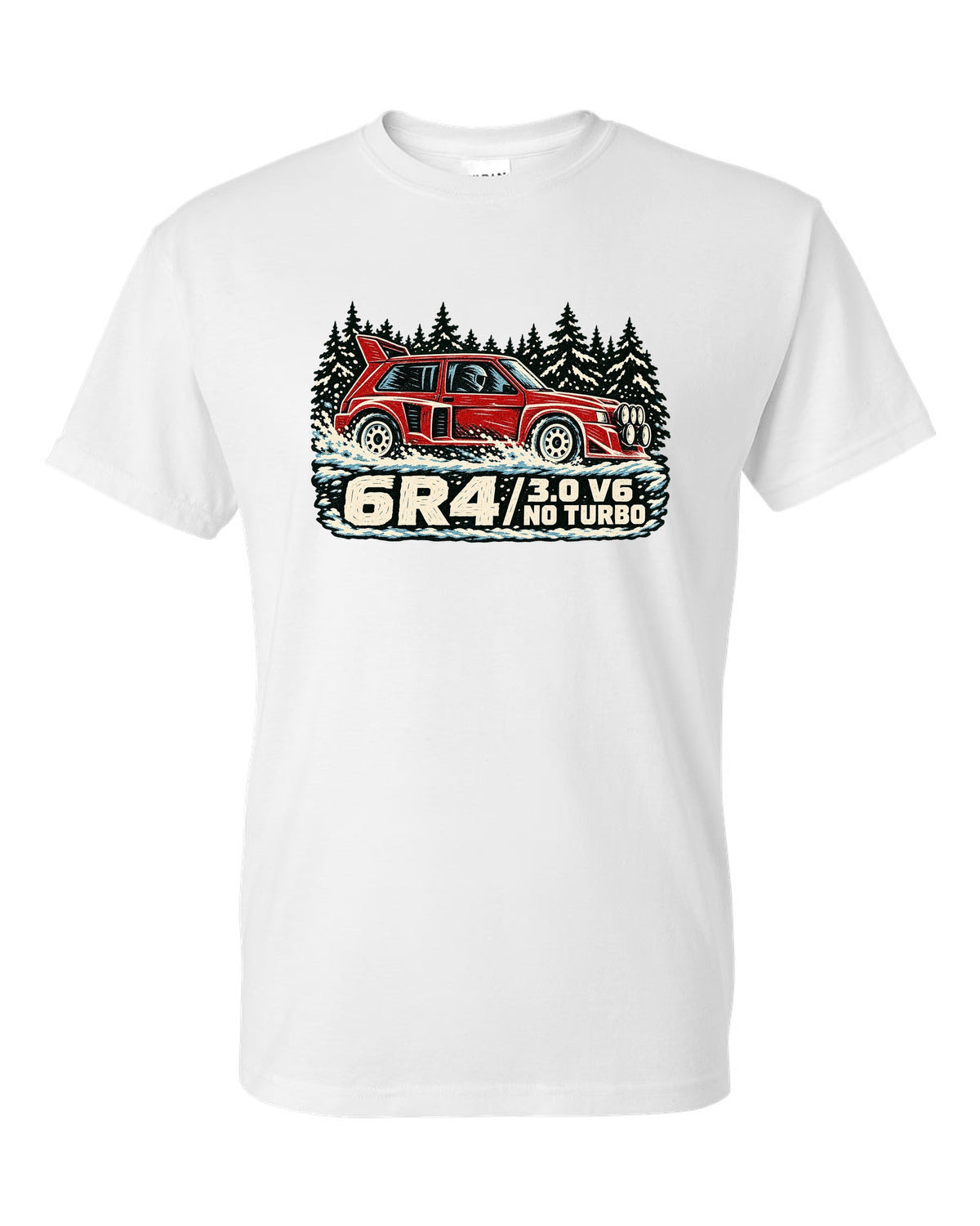 Linocut style print of an MG Metro 6R4 with 3.0 V6 and no turbo lettering white t-shirt front view with the design
