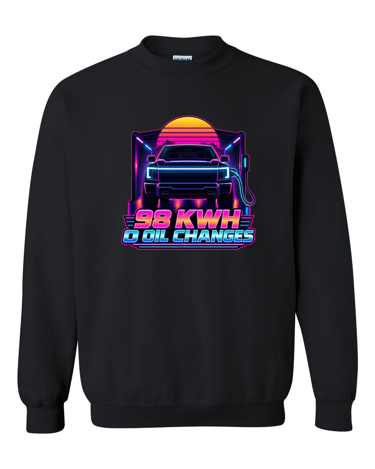 Ford F-150 Lightning EV with lightbar in a neon synthwave outline print black crewneck front view with the design