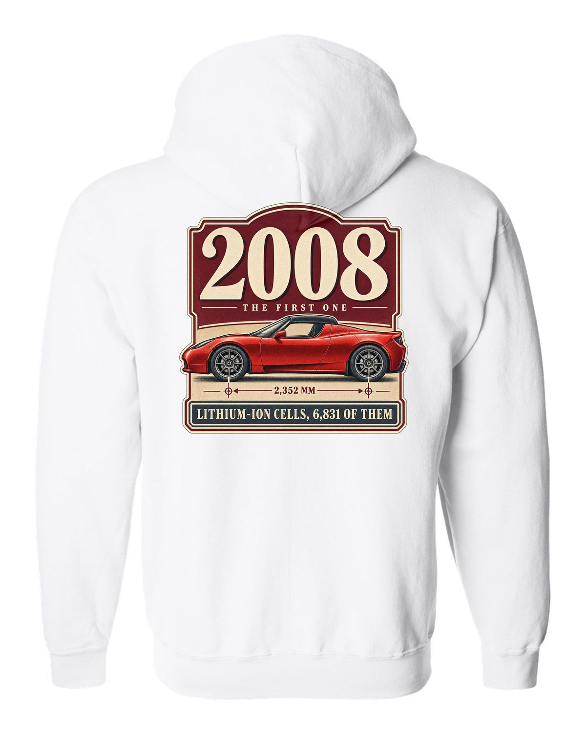 Tesla Roadster 2008 Archive Panel white zip hoodie back view with the design