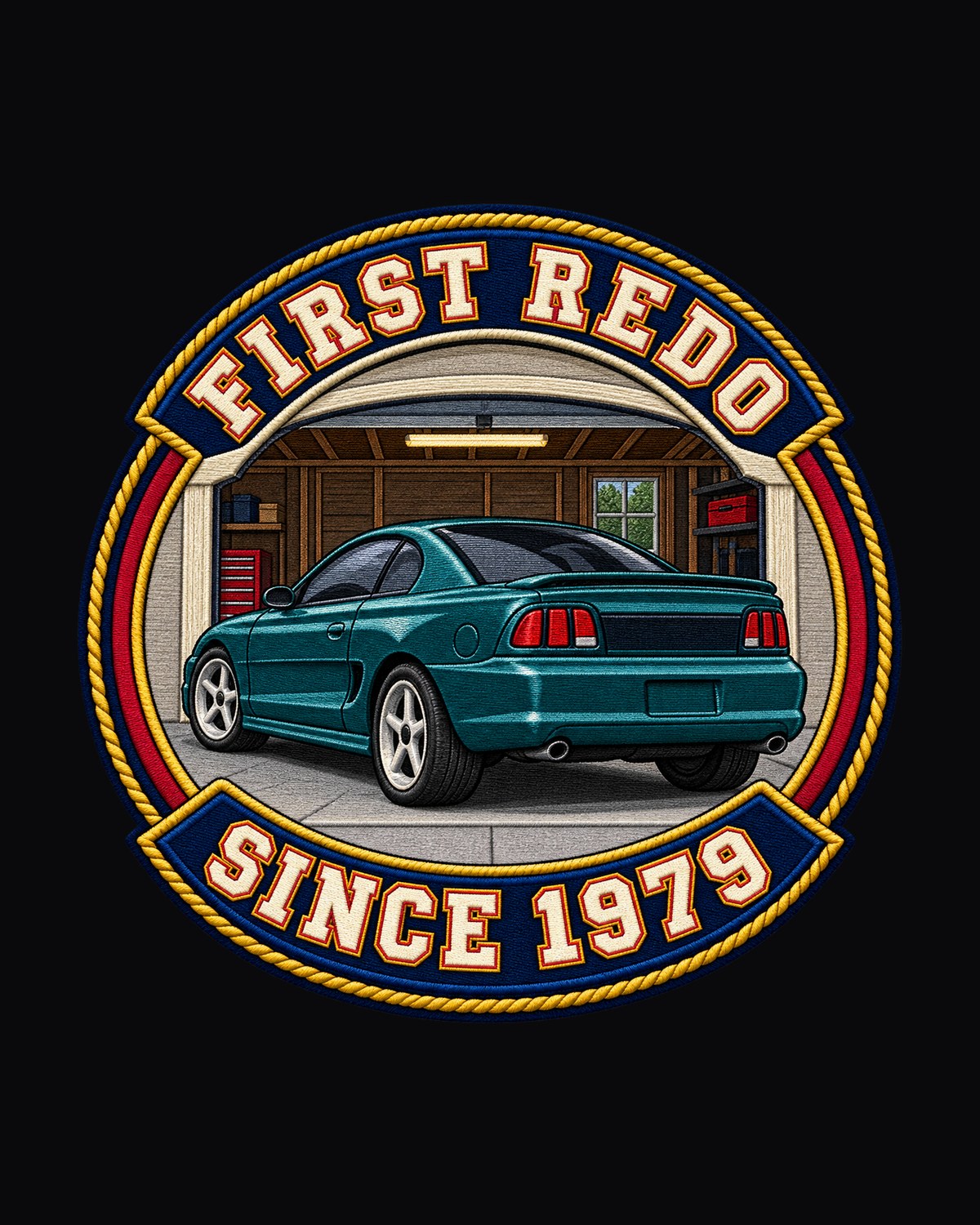 Ford Mustang SN95 Varsity Garage Crest Shirt, 1994-98 Car Tee design only