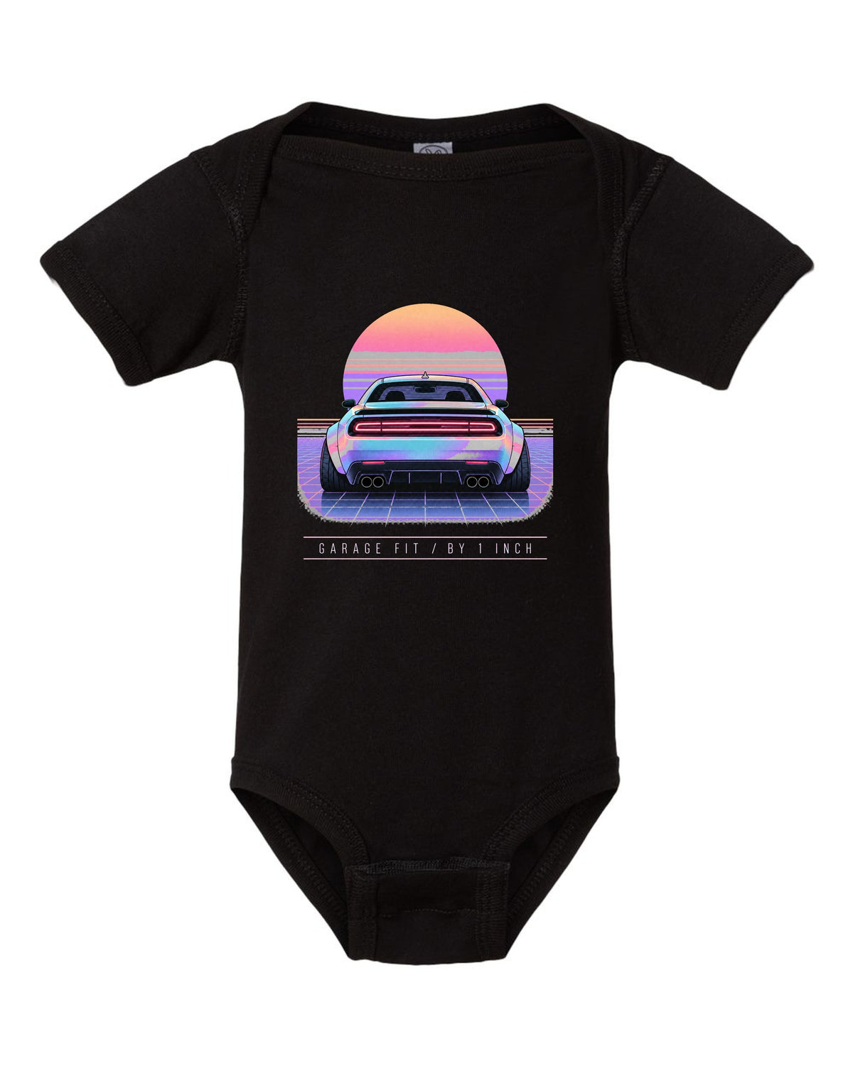 Vaporwave pastel print of a 2021 Dodge Challenger Scat Pack Widebody with garage fit text black baby onesie front view with the design