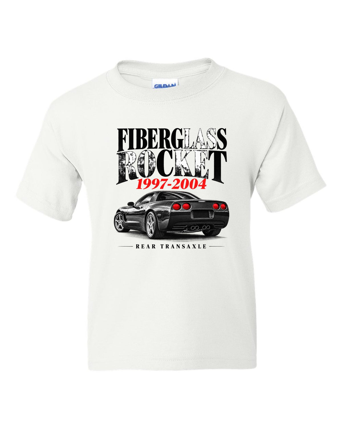 Corvette C5 coupe editorial headline print with rear transaxle text white kids tee front view with the design