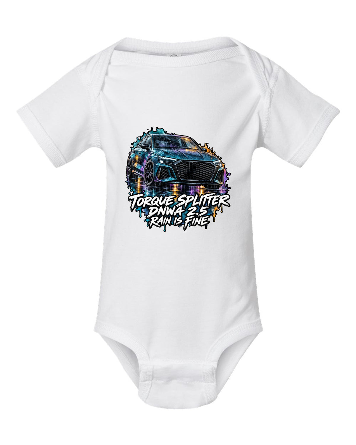 Watercolour wash print of an Audi RS3 8Y with Rain Is Fine lettering white baby onesie front view with the design