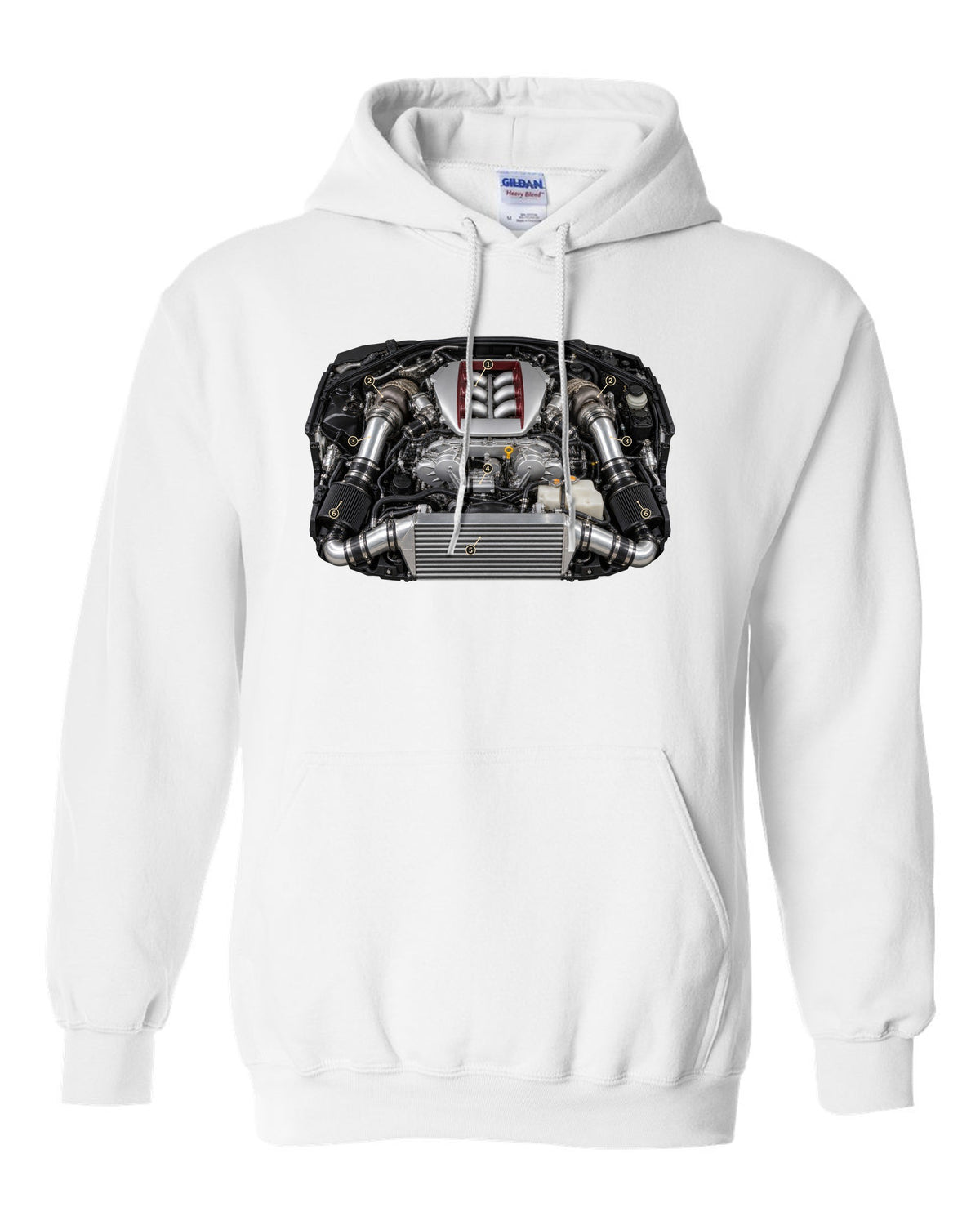 Nissan GT-R R35 early VR38DETT engine poster-style drawing white pull over hoodie front view with the design
