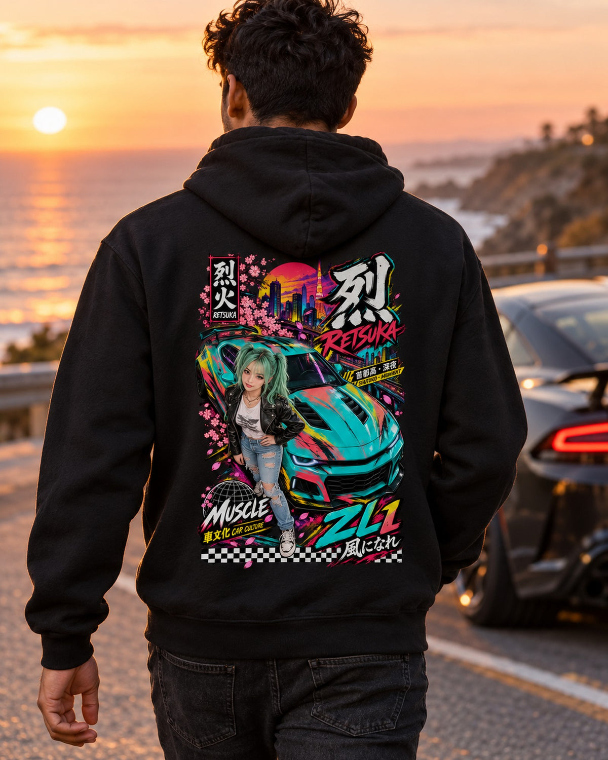 RETSUKA ZL1 Anime Girl Full-Back Graphic Tee Pull Over Hoodie Black worn hero