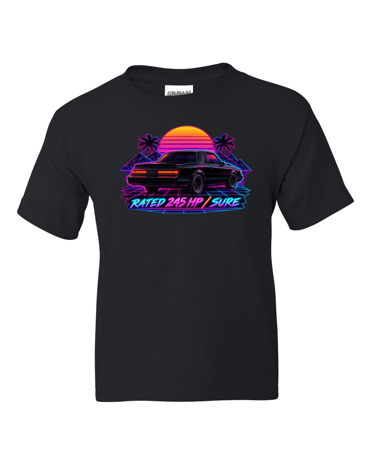 Synthwave print of 1987 Buick Grand National taillights with the text Rated 245 HP, Sure black kids tee front view with the design
