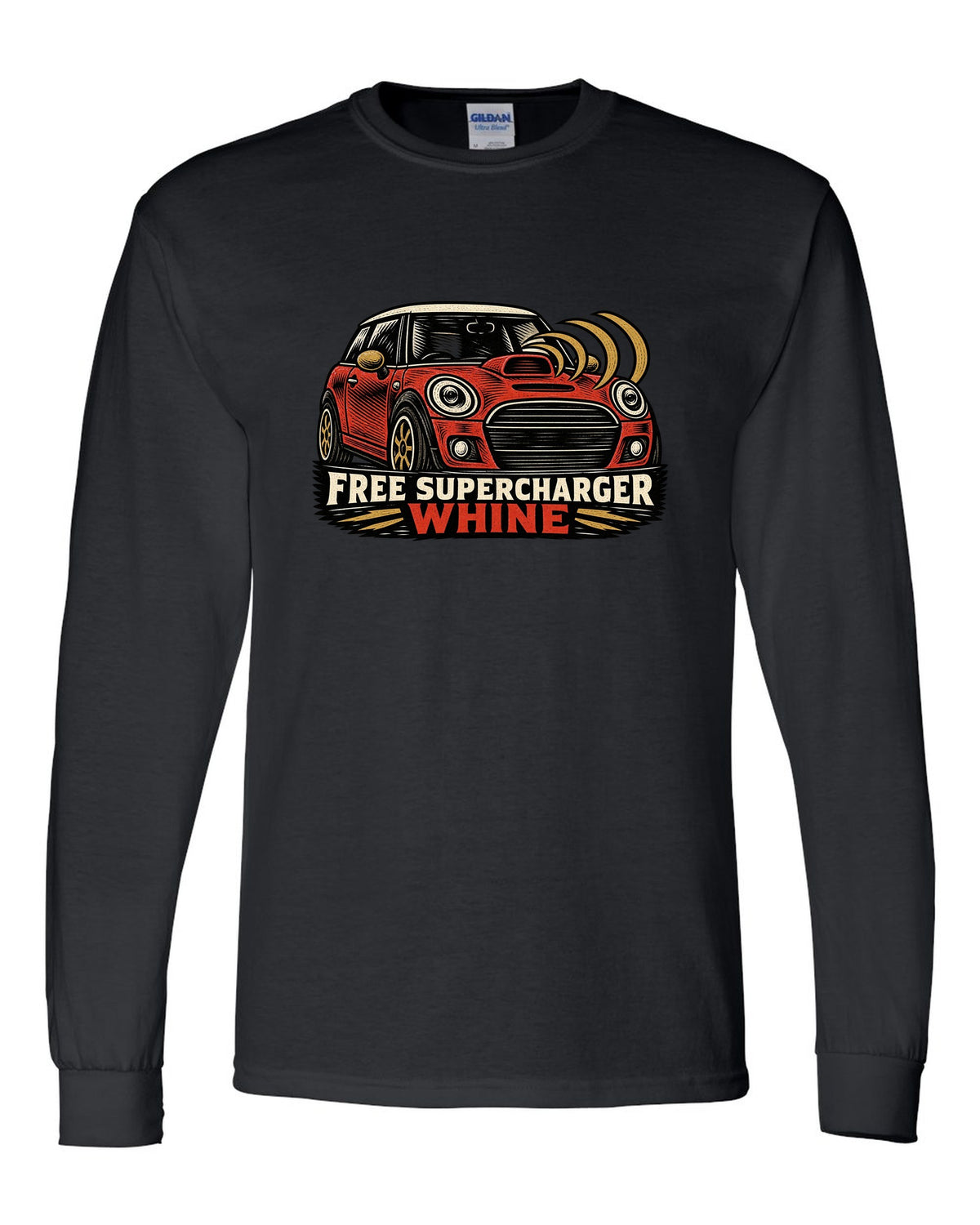Linocut woodcut print of a Mini Cooper S R53 with the words free supercharger whine black long sleeve front view with the design