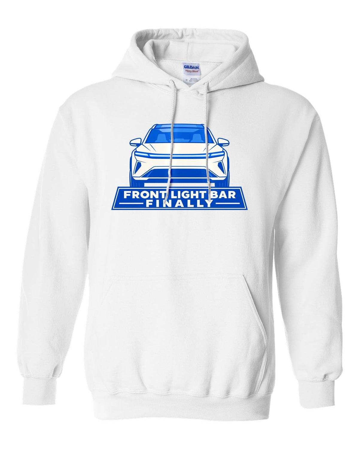 Minimal geometric flat vector print of a Tesla Model Y Juniper with the text Front Light Bar Finally white pull over hoodie front view with the design
