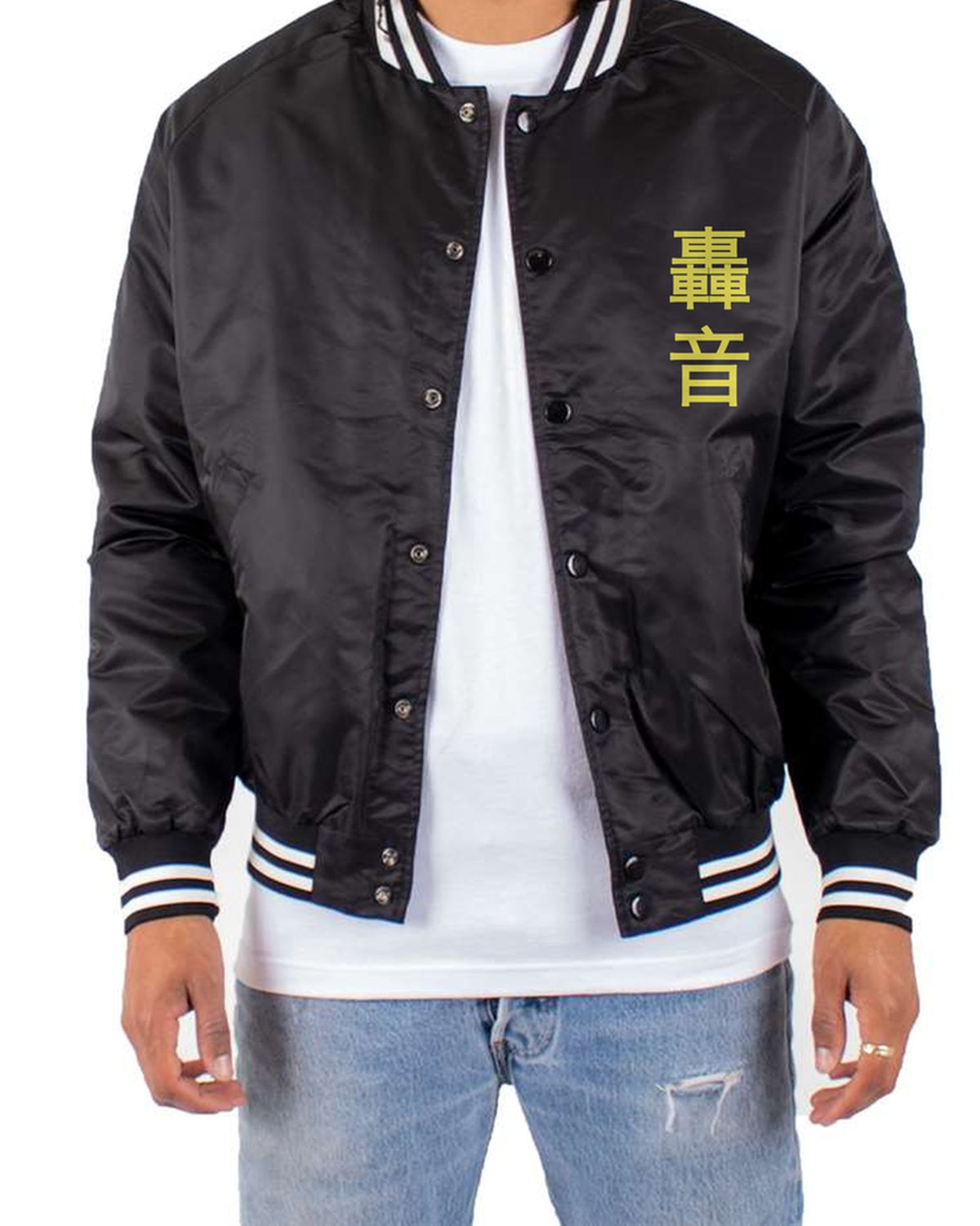 black bomber jacket front view with small kanji mark