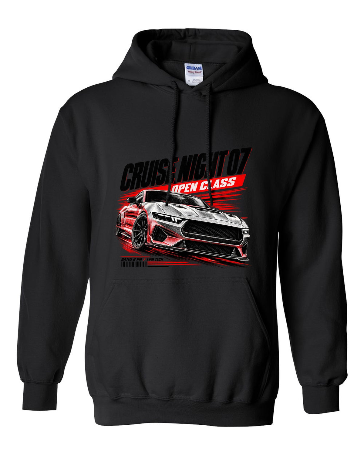 Ford Mustang S650 GT race poster print reading Cruise Night 07 Open Class black pull over hoodie front view with the design