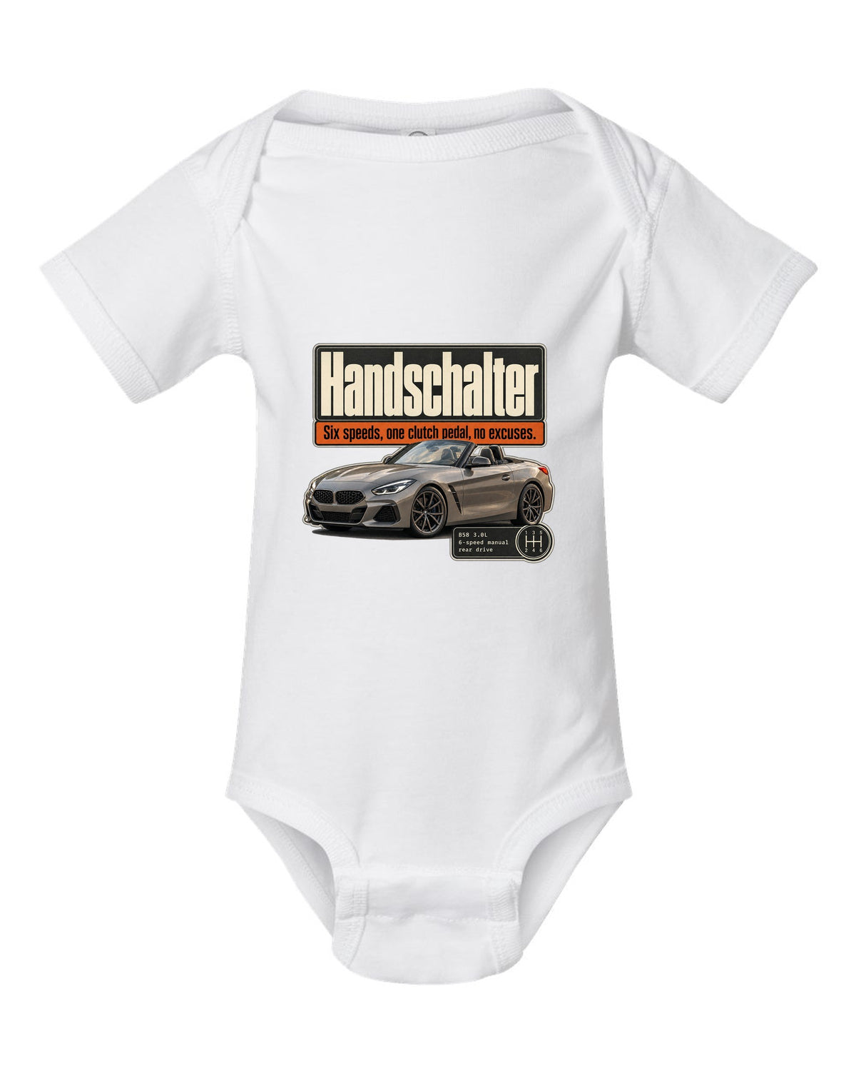 Editorial print for the BMW Z4 M40i six-speed manual labelled Handschalter white baby onesie front view with the design