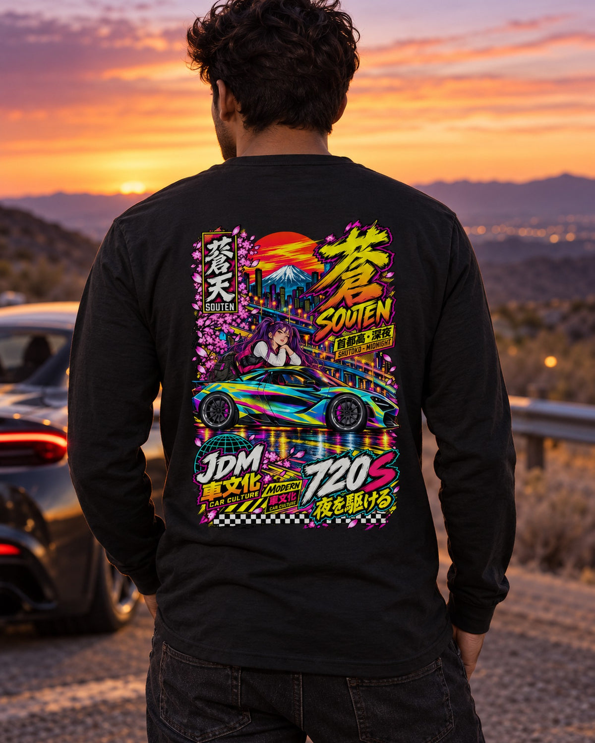 SOUTEN 720S Anime Girl Full-Back Graphic Tee Long Sleeve Black worn hero