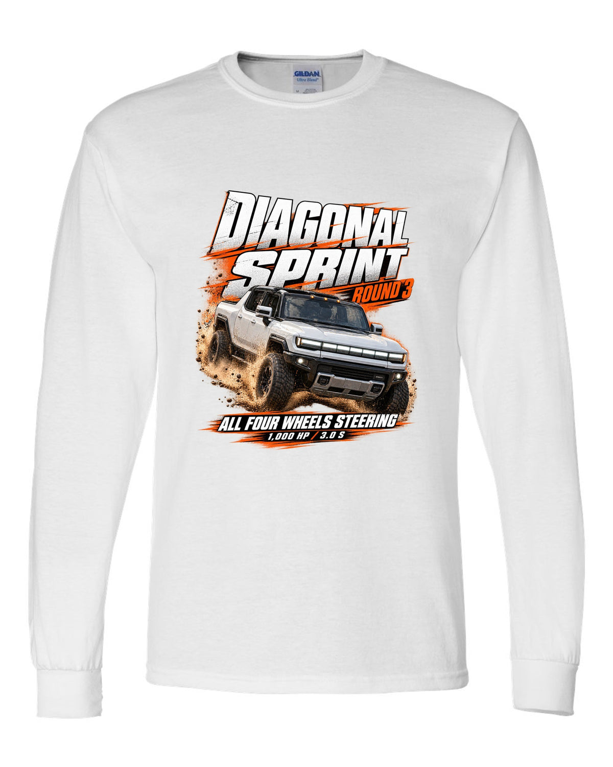 Race poster print of a 2022 GMC Hummer EV pickup EV3X with diagonal sprint text white long sleeve front view with the design
