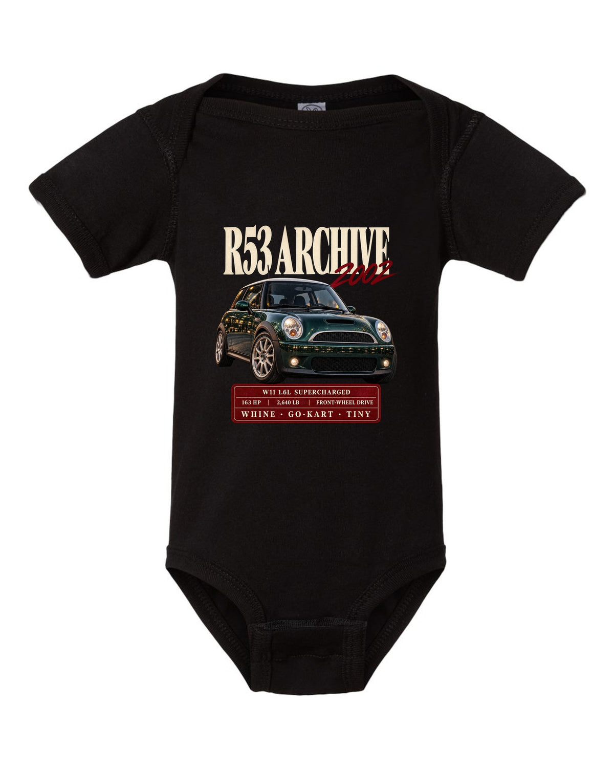 Mini Cooper S R53 archive panel with W11 supercharged engine specs black baby onesie front view with the design