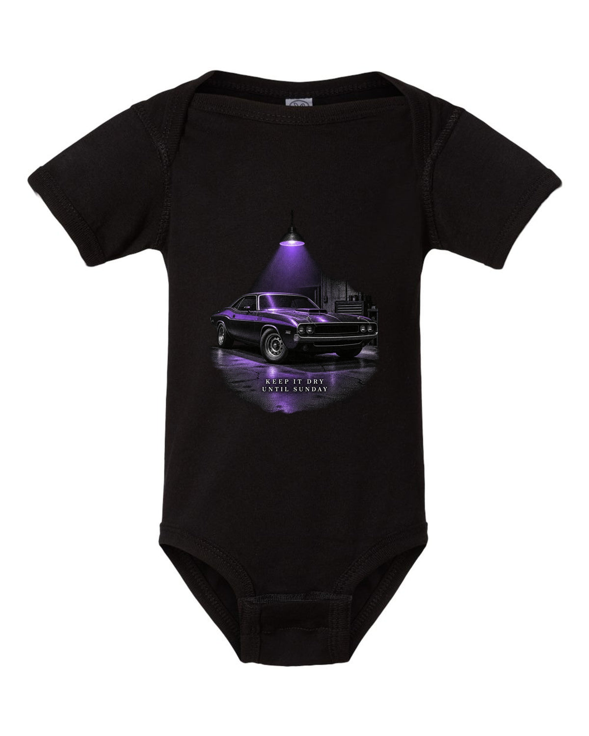 Garage night print of a Plum Crazy 1970 Dodge Challenger R/T with keep it dry until Sunday text black baby onesie front view with the design