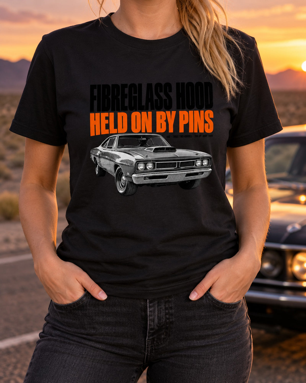1969 Coronet Super Bee A12 Hood Halftone Pins Tee T-Shirt Black worn hero