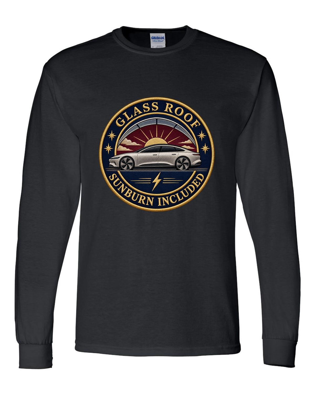 Lucid Air Sapphire round embroidery-style crest print with the text glass roof sunburn included black long sleeve front view with the design