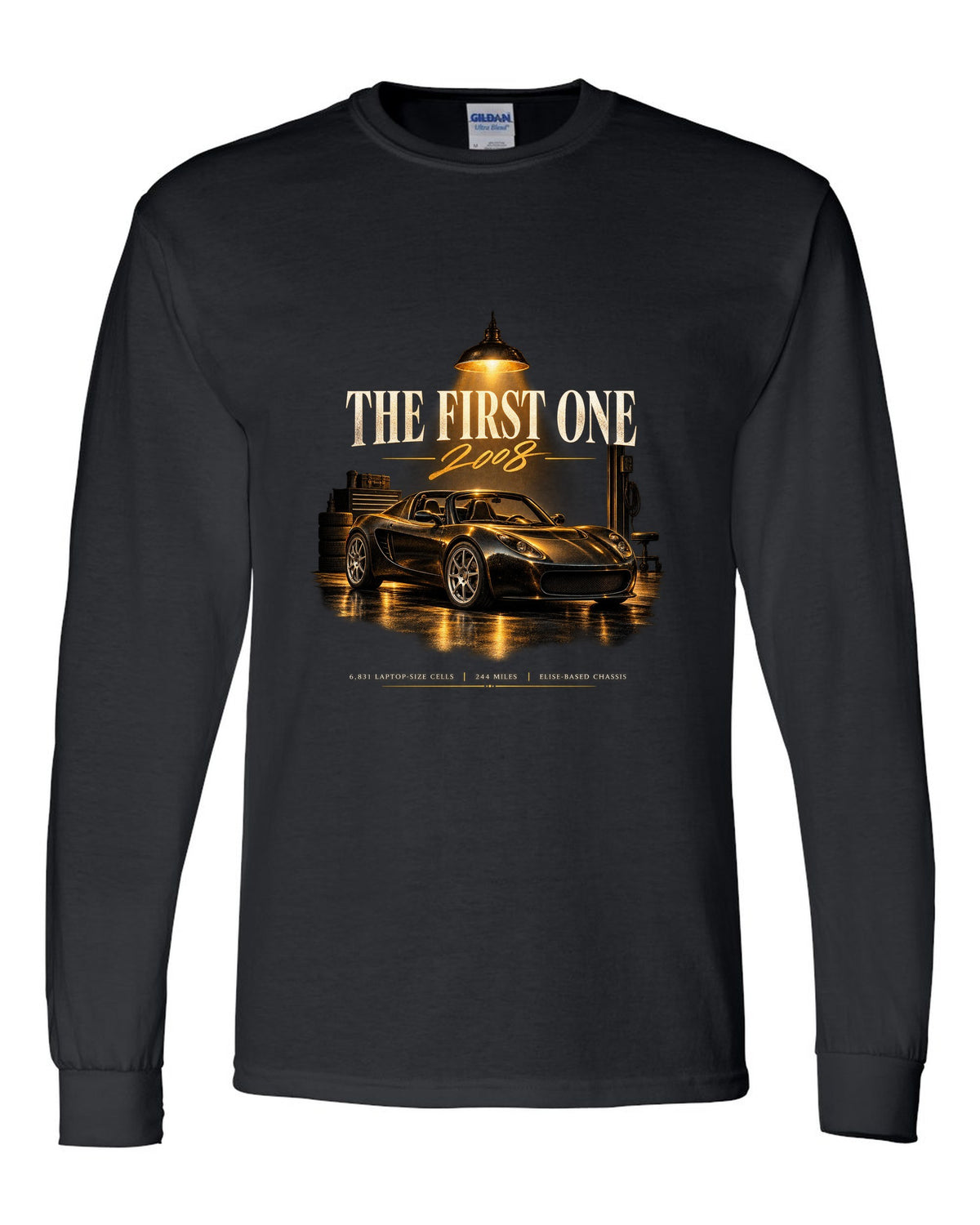 Garage night print of a first generation 2008 Tesla Roadster black long sleeve front view with the design