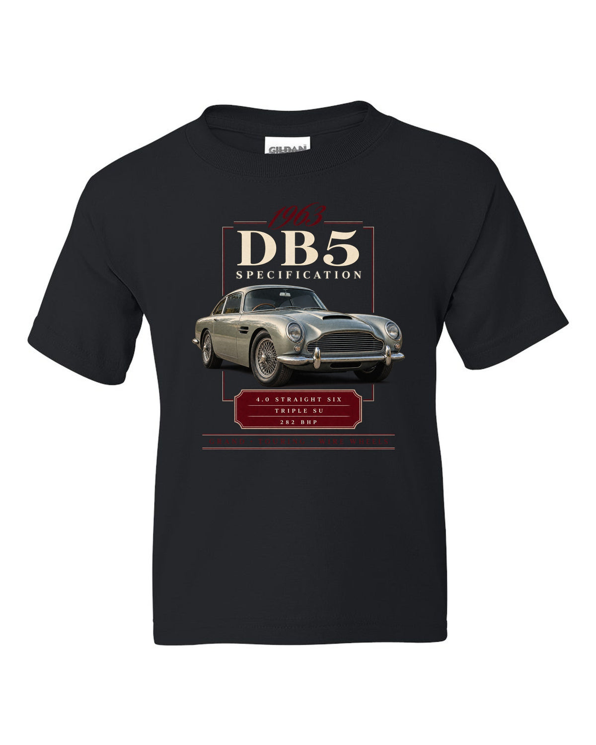 Aston Martin DB5 wire wheel archive specification panel black kids tee front view with the design