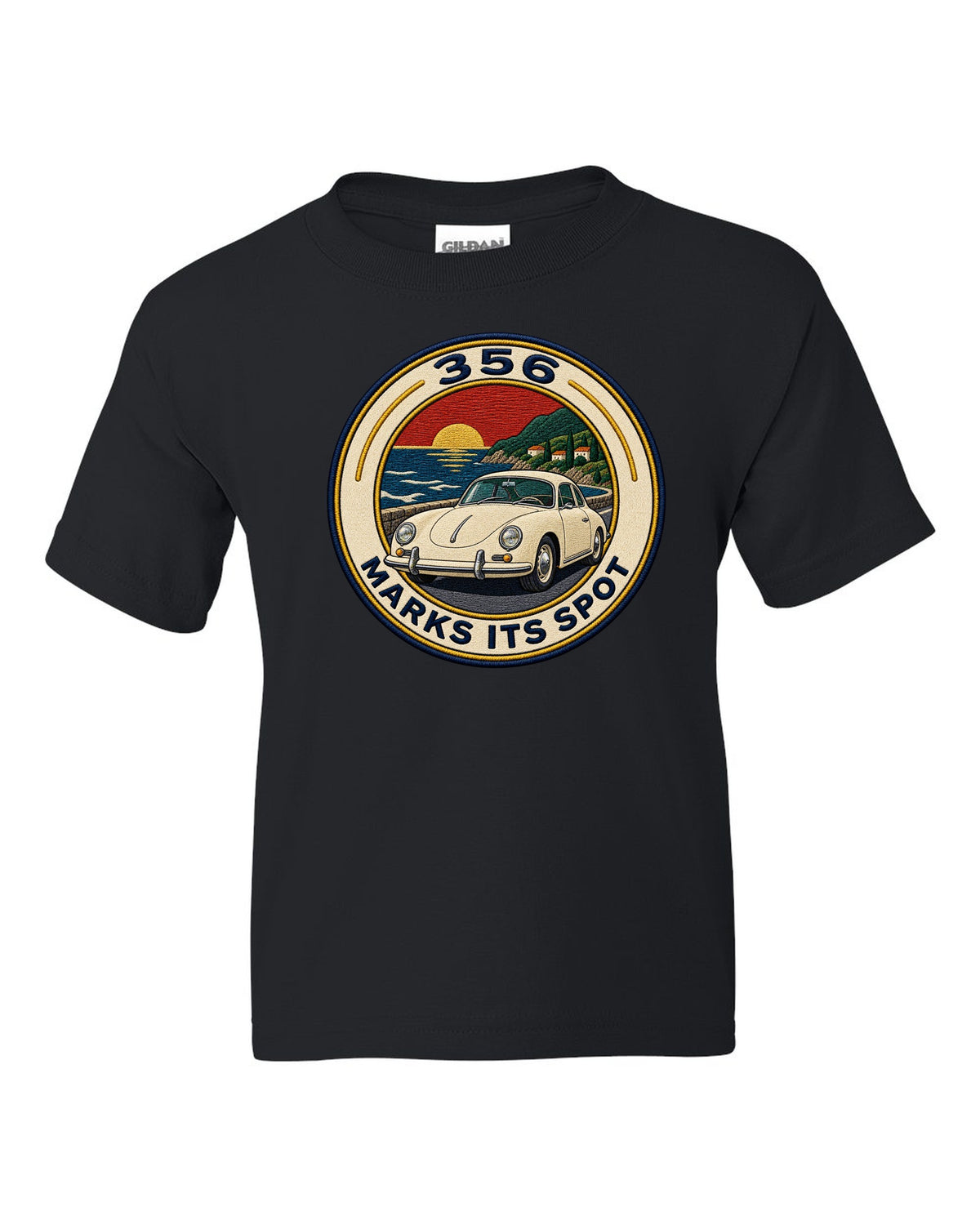Round varsity crest style illustration of a Porsche 356 A black kids tee front view with the design
