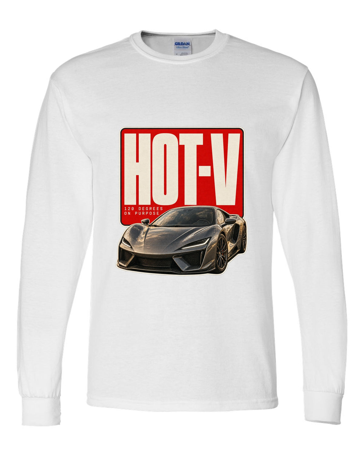 Editorial headline print of a McLaren Artura with hot-V 120 degree text white long sleeve front view with the design
