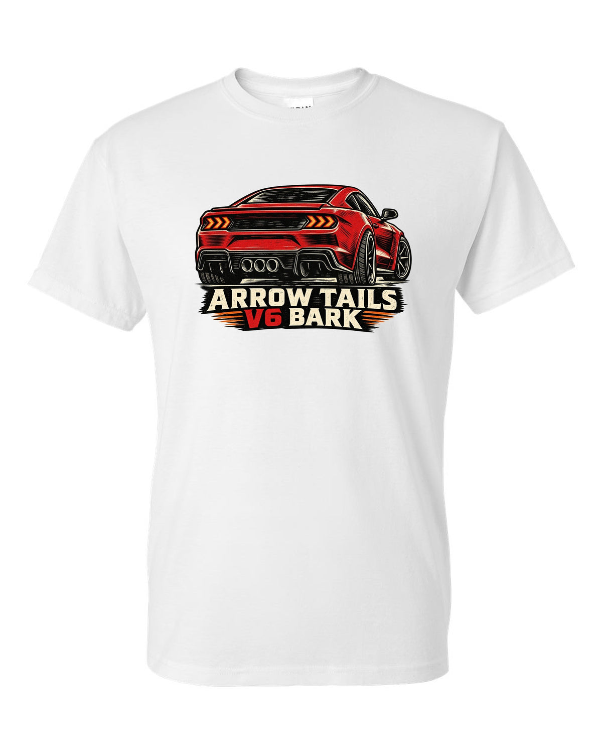 Linocut woodcut print of a Hyundai Genesis Coupe BK2 rear with arrow tails V6 bark text white t-shirt front view with the design