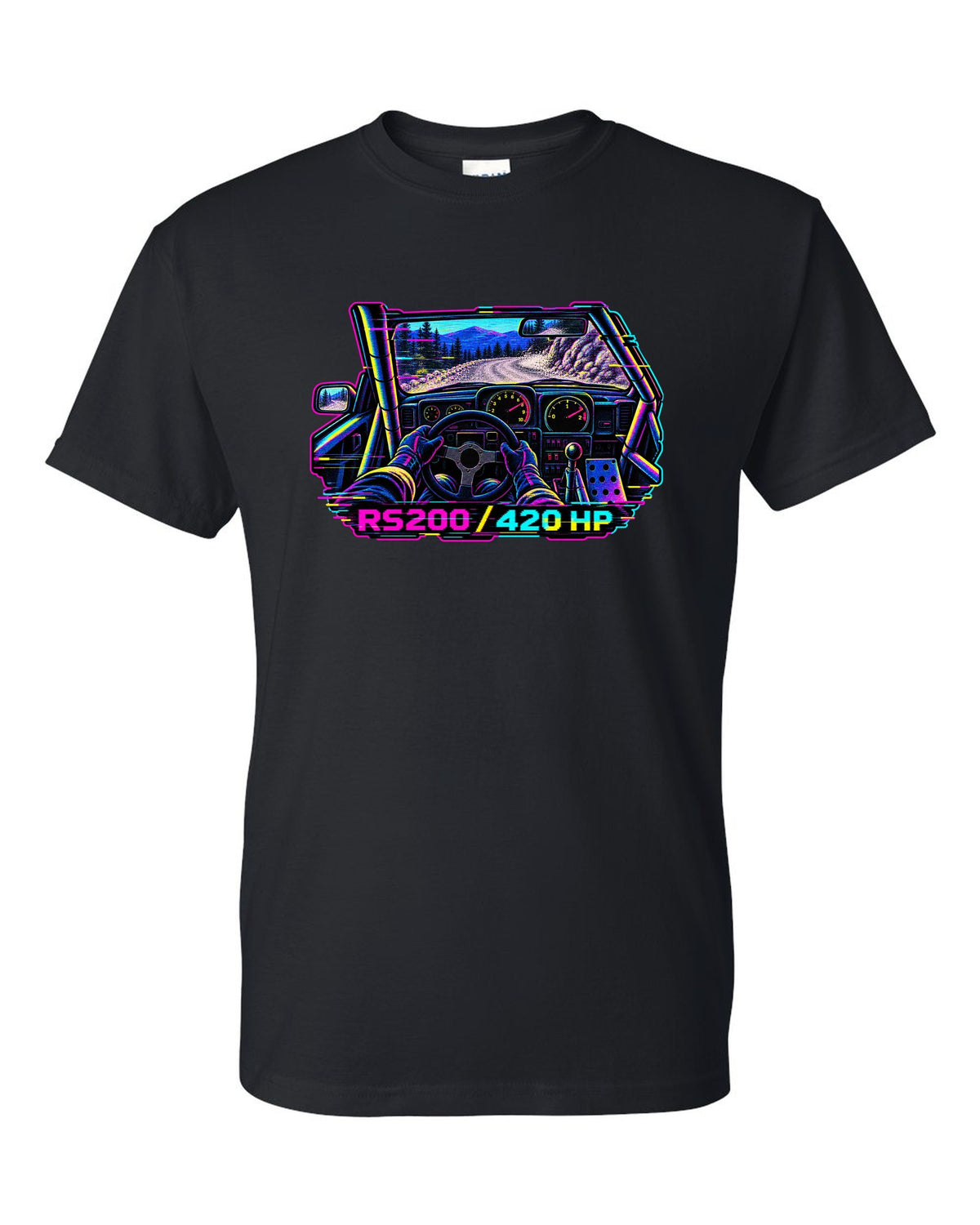 VHS glitch style Ford RS200 cockpit print with 420 hp lettering black t-shirt front view with the design
