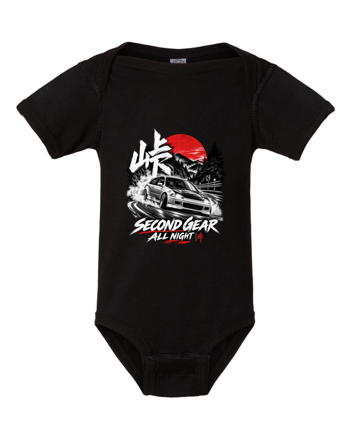 Touge night print of a 1992 Honda Civic EG6 SiR chback with second gear text black baby onesie front view with the design