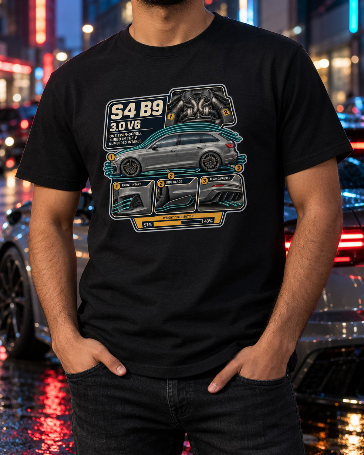 Audi S4 Avant B9 Airflow Callouts Shirt, 3.0 V6 Graphic Tee T-Shirt Black worn hero