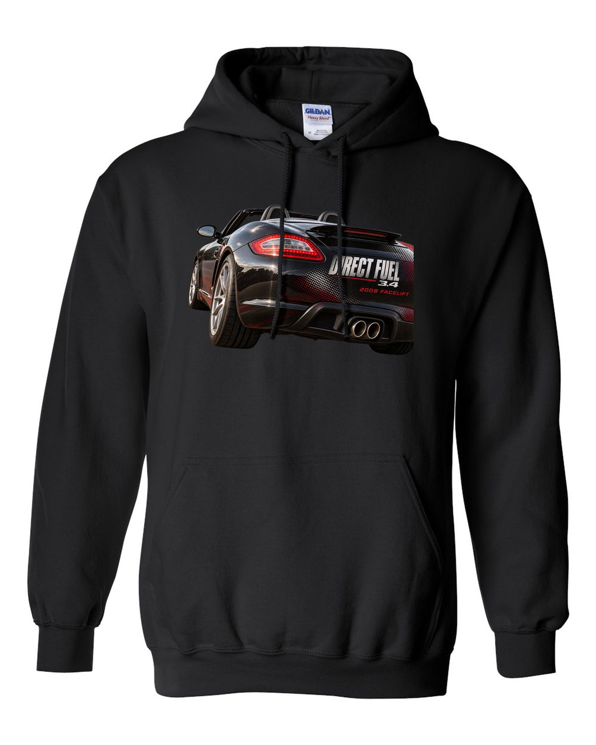 Taillight macro print of a Porsche Boxster 987.2 facelift black pull over hoodie front view with the design