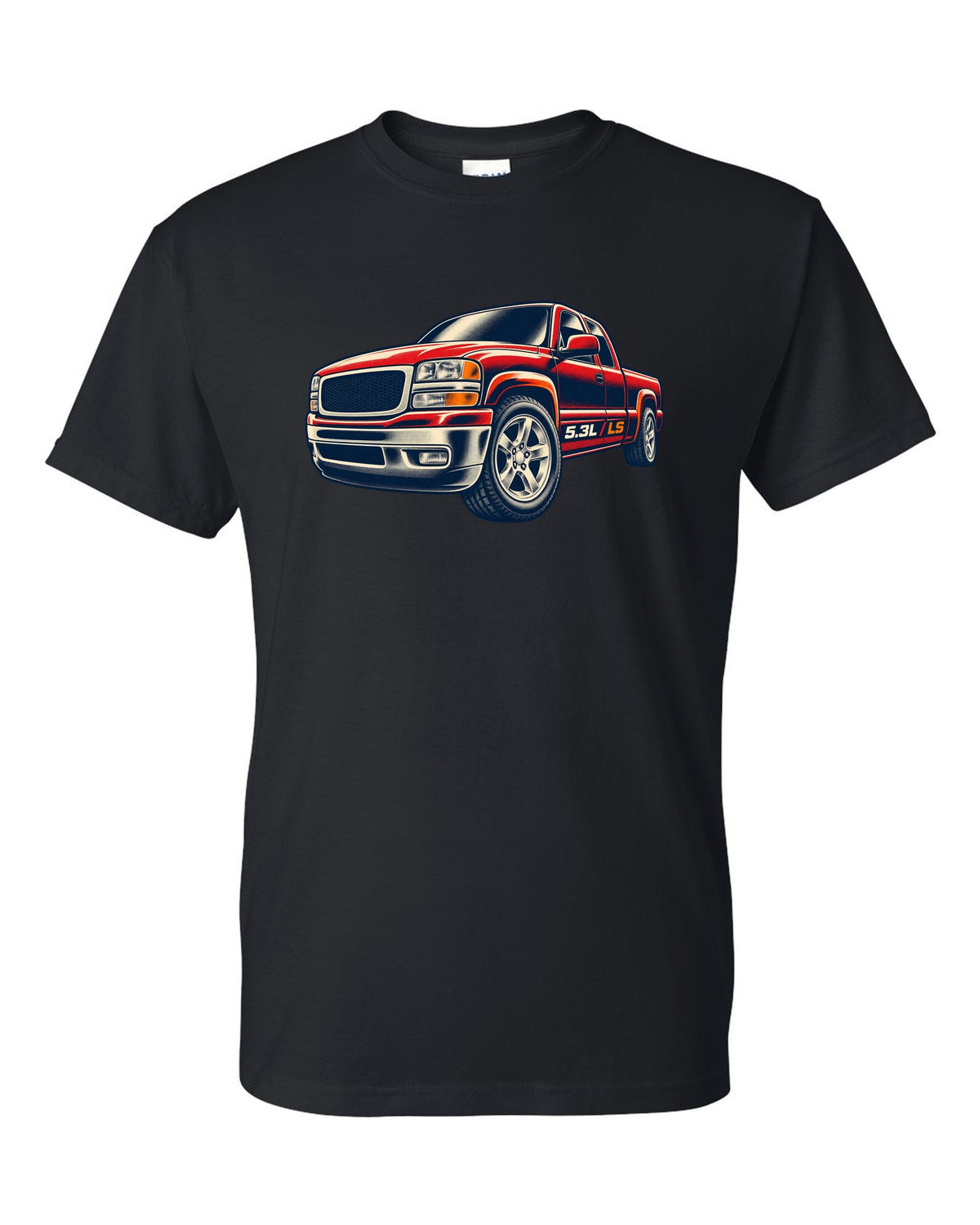 Retro screen-print wheel close-up print for a 1999-2006 Chevrolet Silverado GMT800 with 5.3L LS text black t-shirt front view with the design