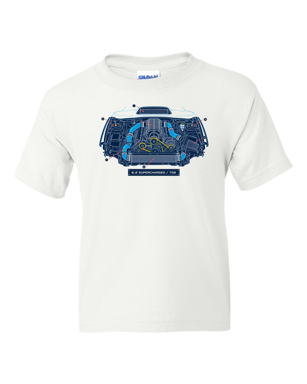 Blueprint-style print of the Ram 1500 TRX engine bay with 6.2 supercharged and 702 callouts white kids tee front view with the design