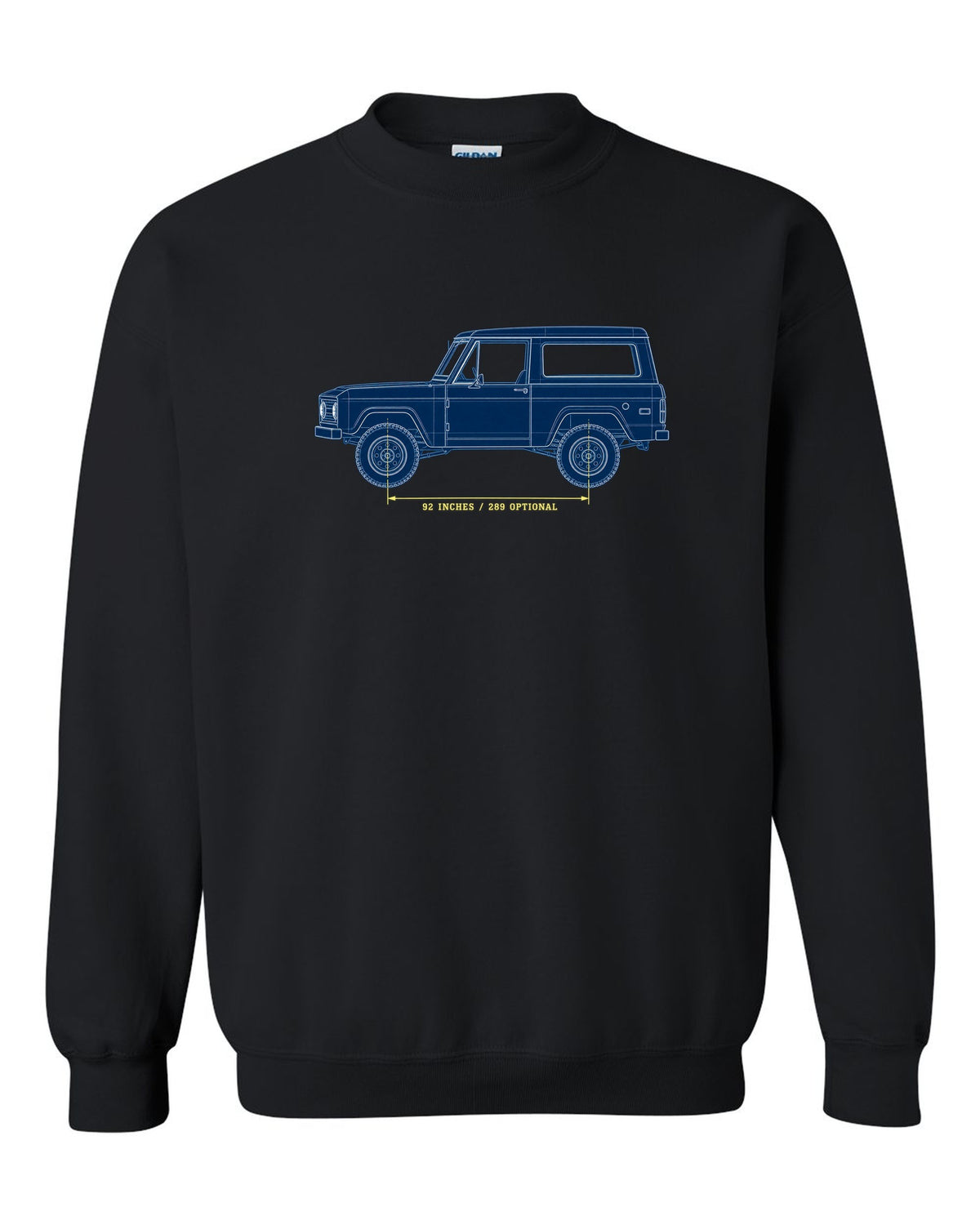 Patent-sheet blueprint drawing of a 1966-77 Ford Bronco U15 wagon with 92 INCHES and 289 OPTIONAL notes black crewneck front view with the design
