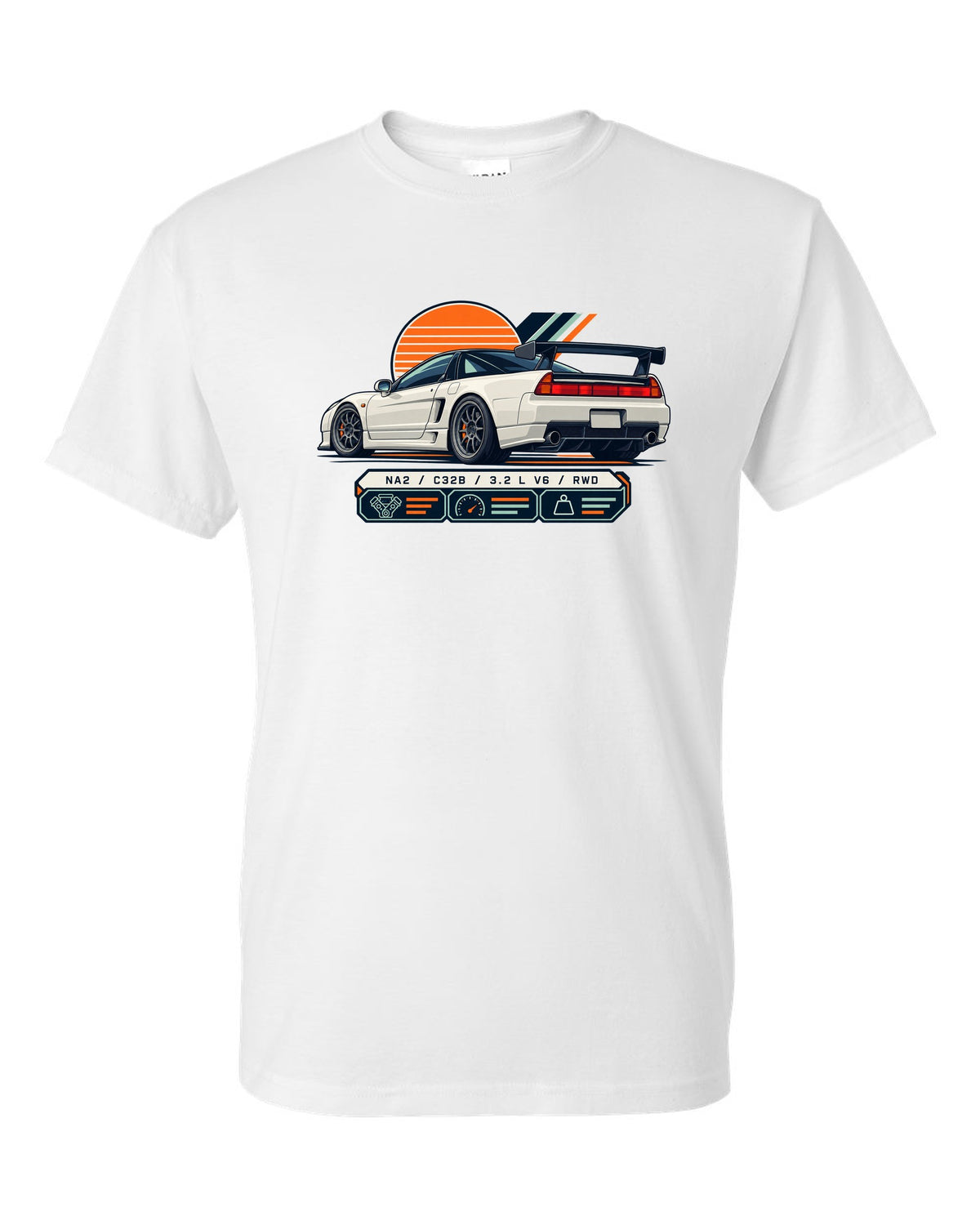 Spec-sheet data plate print of the Honda NSX-R NA2 with NA2 C32B 3.2 L V6 RWD text white t-shirt front view with the design