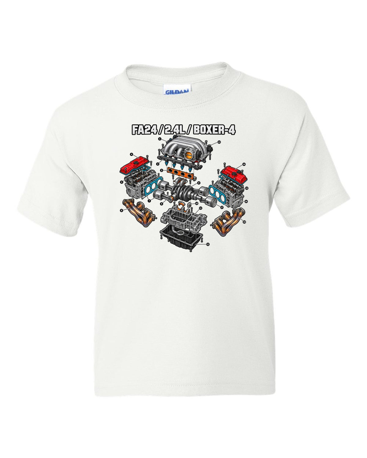 Cutaway exploded diagram of the FA24 2.4L boxer-four engine for a Toyota GR86 ZN8 white kids tee front view with the design