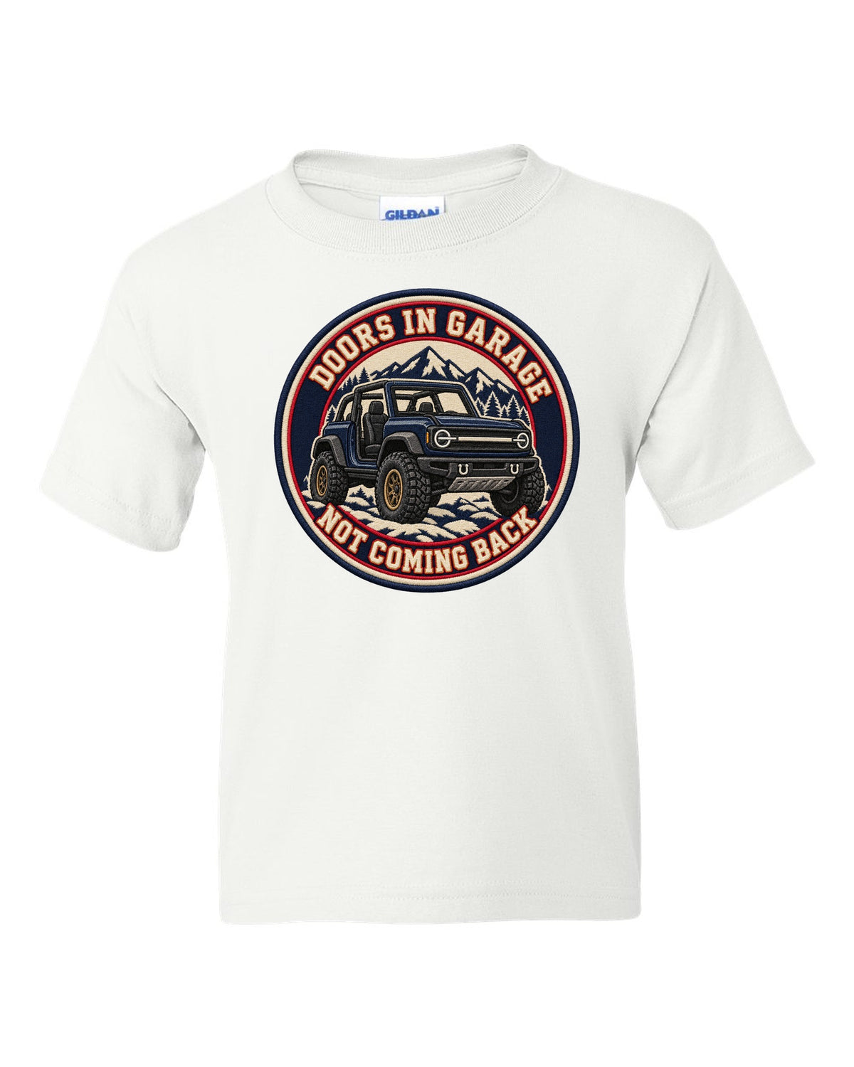 Embroidery-style varsity crest of a 2021 Ford Bronco with doors and roof off at the beach white kids tee front view with the design