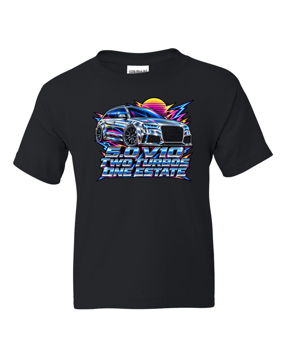 80s airbrush chrome design of the Audi RS6 Avant C6 4F with 5.0 V10 two turbos one estate lettering black kids tee front view with the design