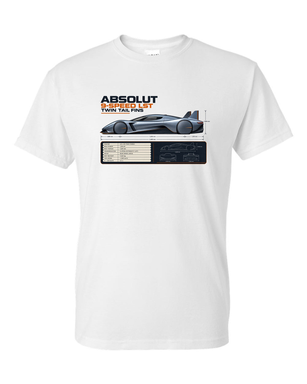 Koenigsegg Jesko Absolut Side Profile Spec Poster white t-shirt front view with the design