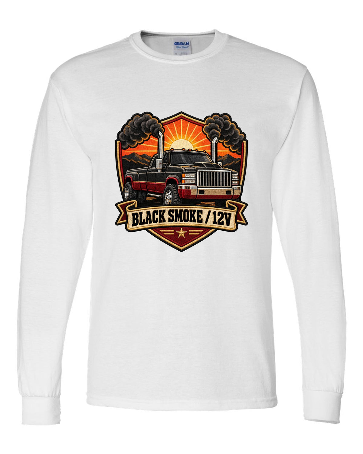 Varsity crest print of a 1994-1998 Dodge Ram 2nd gen with twin chrome smoke stacks and 12V text white long sleeve front view with the design