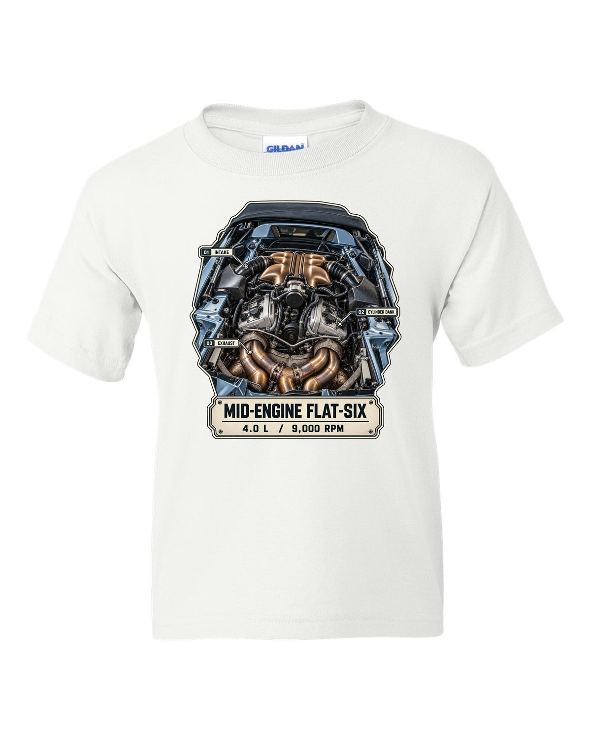 Engine hero print of a Porsche 718 Spyder RS 982 showing the mid-engine 4.0 L flat-six white kids tee front view with the design