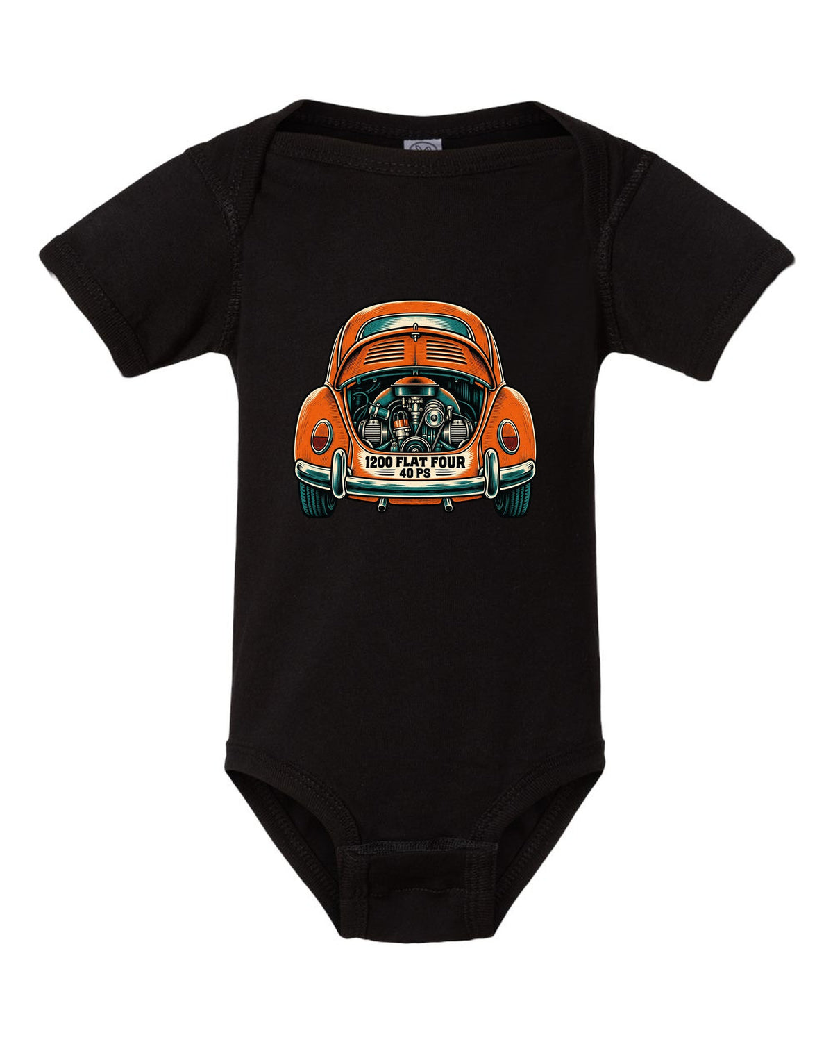 Linocut woodcut style VW Beetle Type 1 with 1200 flat four and 40 PS lettering black baby onesie front view with the design