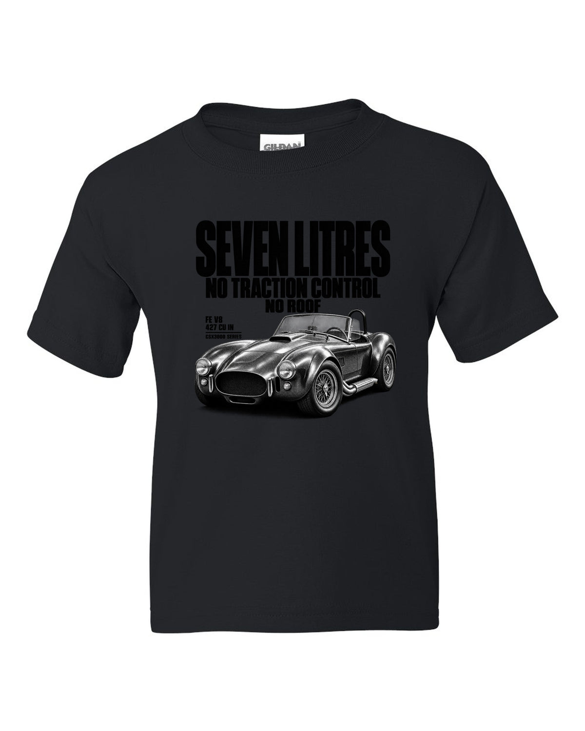 Shelby Cobra 427 Side-Oiler Halftone black kids tee front view with the design