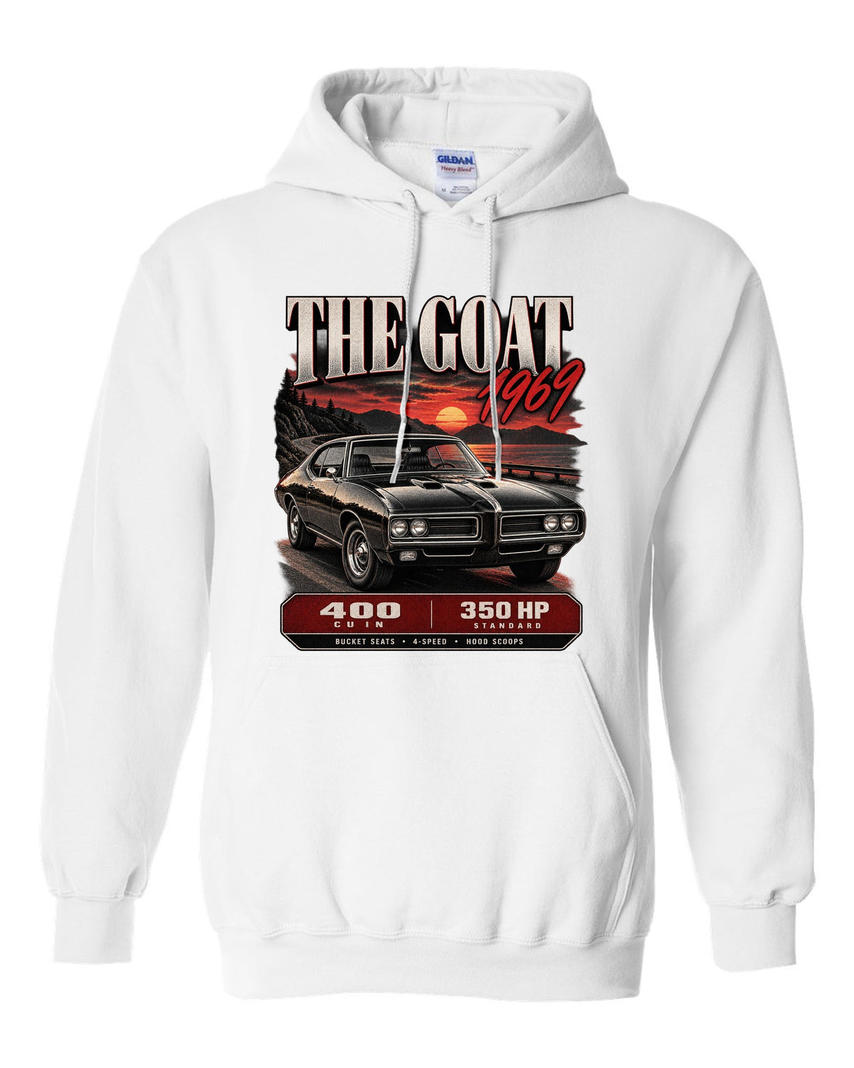 1969 Pontiac GTO archive panel print with 400 cu in spec callouts white pull over hoodie front view with the design