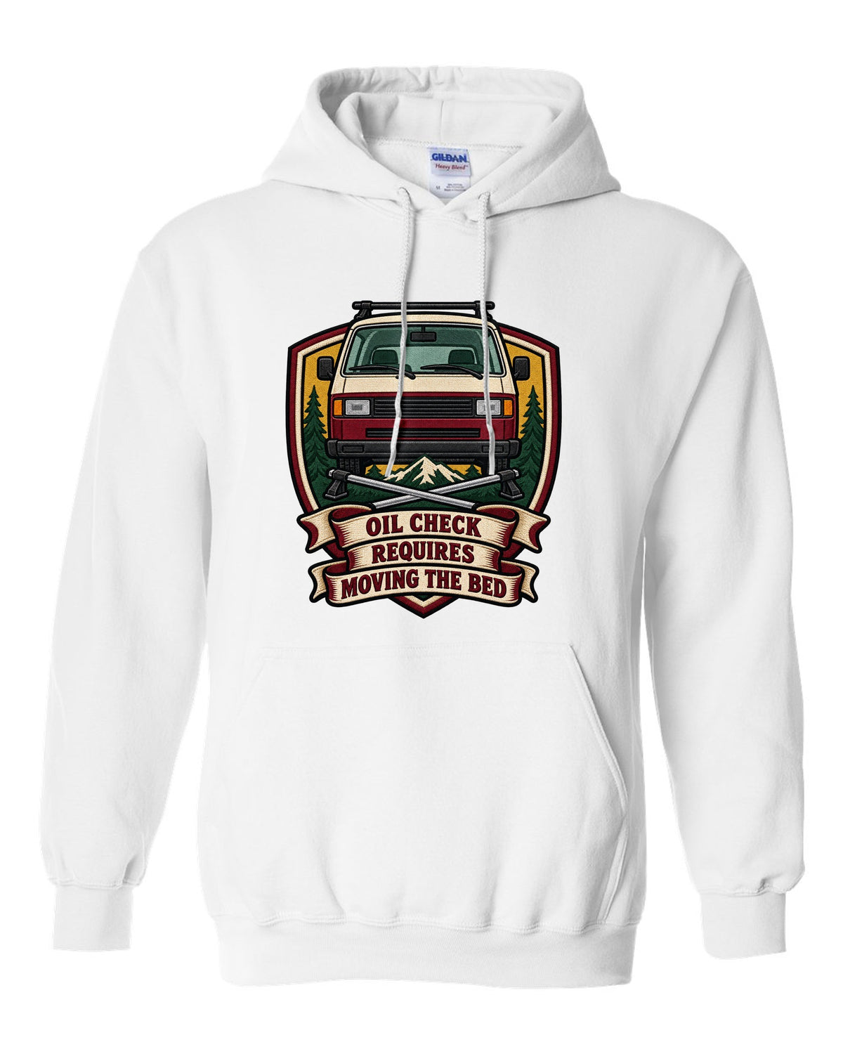 Varsity crest print for a VW T3 Vanagon with oil check requires moving the bed text white pull over hoodie front view with the design