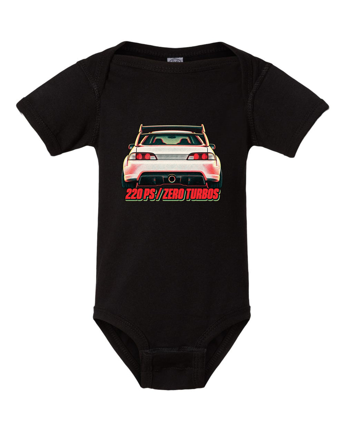 Risograph duotone print of a Honda Integra Type R DC5 with 220 PS zero turbos text black baby onesie front view with the design