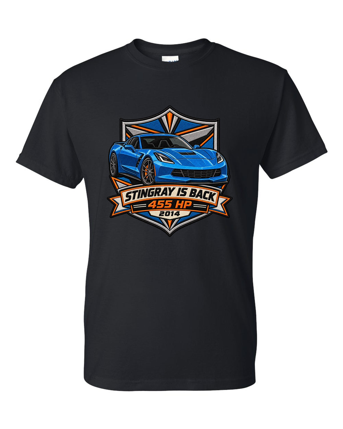 Varsity crest style print of a 2014 Chevrolet Corvette C7 Stingray with 455 HP and gill vent detail black t-shirt front view with the design