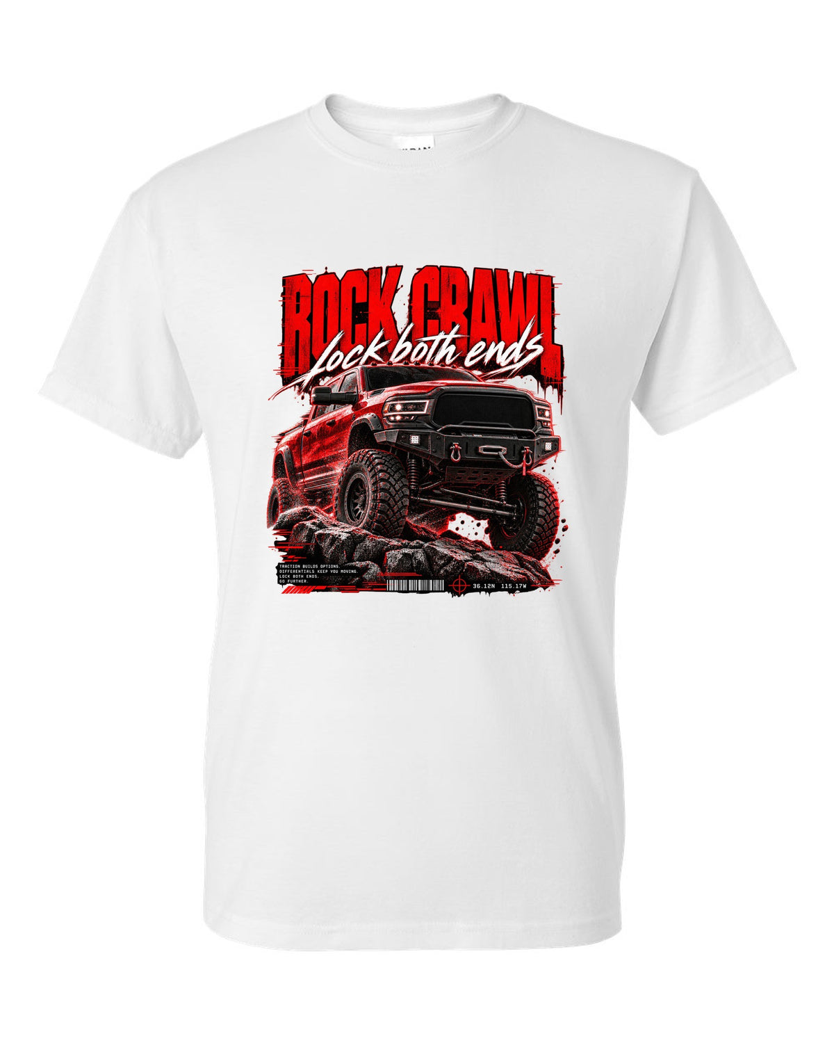 Street poster print of a 2019-2024 Ram 2500 Power Wagon with winch bumper white t-shirt front view with the design