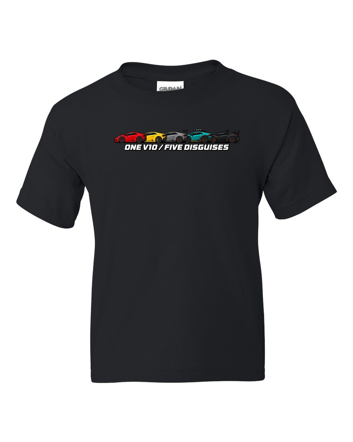 Lamborghini Huracan LP610-4 Variants Lineup black kids tee front view with the design