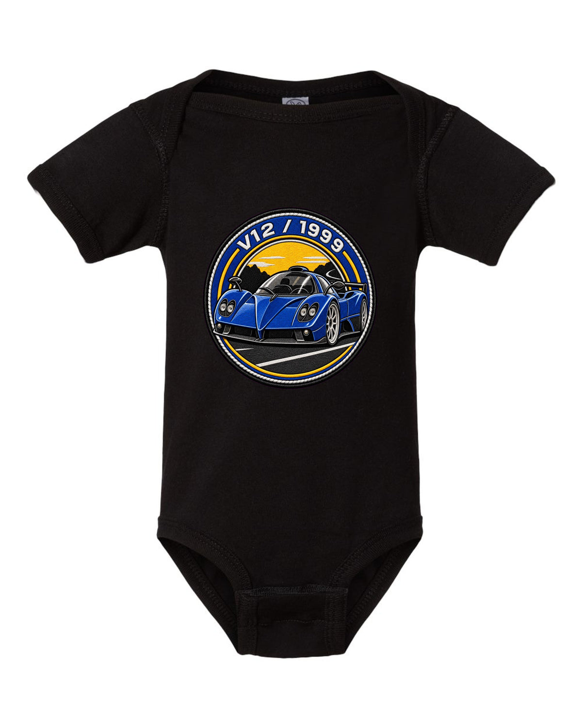 Varsity embroidery-style print for the 1999 Pagani Zonda C12 with V12 and 1999 lettering black baby onesie front view with the design