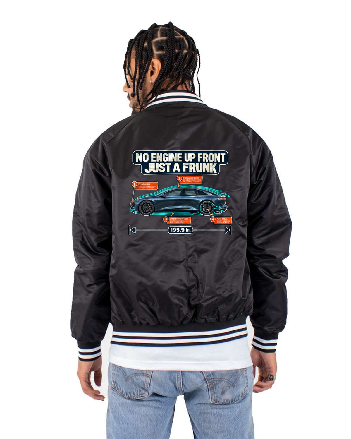Lucid Air Sapphire Aero Callouts Shirt, No Engine, Just a Frunk Bomber Jacket Black back